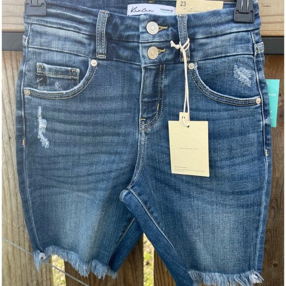 KanCan Womens Denim High Rise Bermuda Shorts Size 23 waist Distressed Frayed Hem - Picture 1 of 5